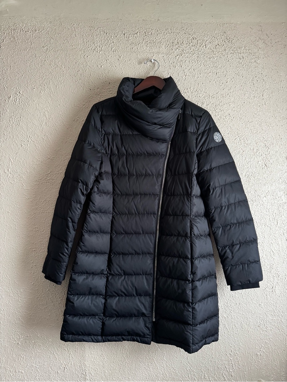 DKNY Black Long Quilted Puffer Coat with Wrap Collar
